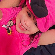 Rose joined the competition — help win amazing prizes! child, girl, smiling, pink_clothing, hat, minnie_mouse, happy, face, portrait, cute, indoor, dark_hair, playful, joyful, toddler, apparel, person, fashion, closeup, cheerful