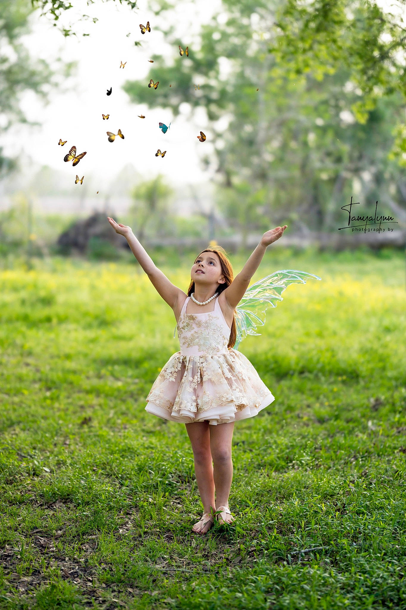 Layni Alyrain is registered to the contest to win money with this photo: botany, branch, dress, flash_photography, fun, gesture, grass, grass_family, grassland, green, happy, leisure, meadow, natural_landscape, people_in_nature, person, plant, sky, sunlight, tree