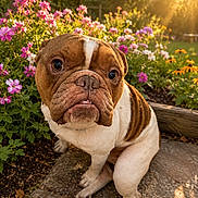 Rubble joined the competition — help win amazing prizes! bulldog, dog, pet, outdoor, flower_bed, pink_flowers, yellow_flowers, sunlight, golden_hour, garden, stone_path, close_up, cute, animal, nature, summer, sunshine, portrait, sitting, daytime