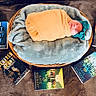 Cecelia is registered to the contest to win money with this photo: newborn, baby, basket, blanket, headband, books, book_covers, reading_material, soft_fabric, cozy, resting, sleeping, wrapped, orange, green, gray, brown, indoor, child, peaceful