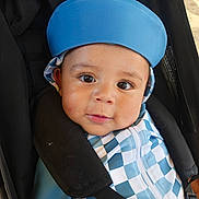 Alexander joined the competition — help win amazing prizes! baby, child, infant, stroller, sunhat, blue_hat, checkered_outfit, blue_and_white, portrait, face, eyes, looking_at_camera, outdoor, seated, safety_harness, carriage, cheeks, photography, adorable, travel