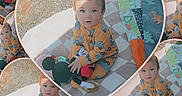 Rocket joined the competition — help win amazing prizes! child, toddler, baby, pajamas, toy, mickey_mouse, plush_toy, quilt, blanket, heart_shape, collage, pattern, indoor, floor, cute, sitting, person, portrait, colorful, playful