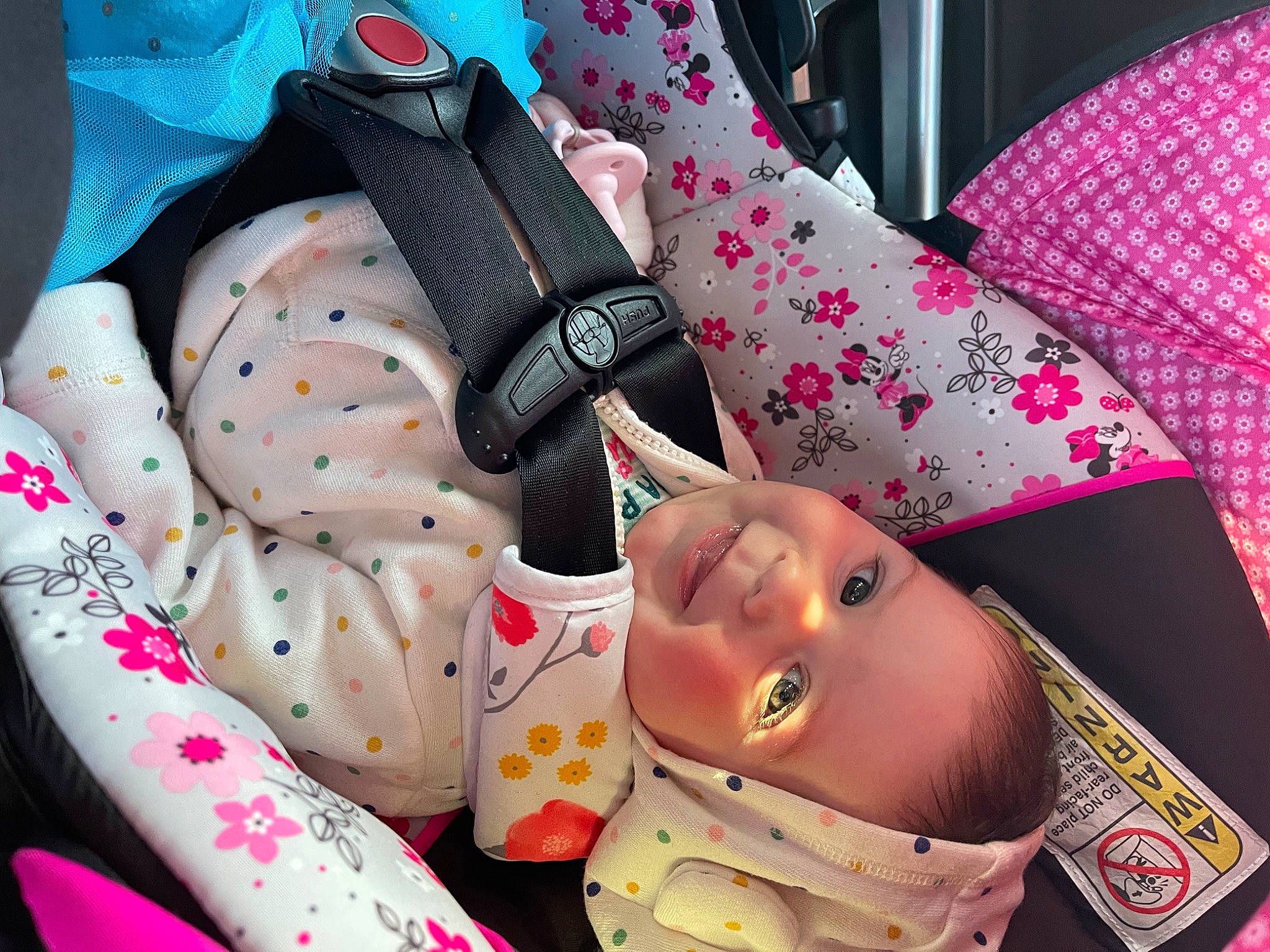 Kinsley is registered to the contest to win money with this photo: baby, baby_products, baby_sleeping, baby_toddler_clothing, bag, car_seat, carmine, cheek, child, comfort, fashion_accessory, finger, hand, linens, nail, pattern, person, pink, seat_belt, skin