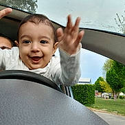 Theodor participe au concours pour gagner de l'argent avec cette photo : baby, child, car, steering_wheel, hand, smile, face, window, outdoor, trees, grass, person, joyful, park, daylight, clothing, happy, nature, transport, vehicle