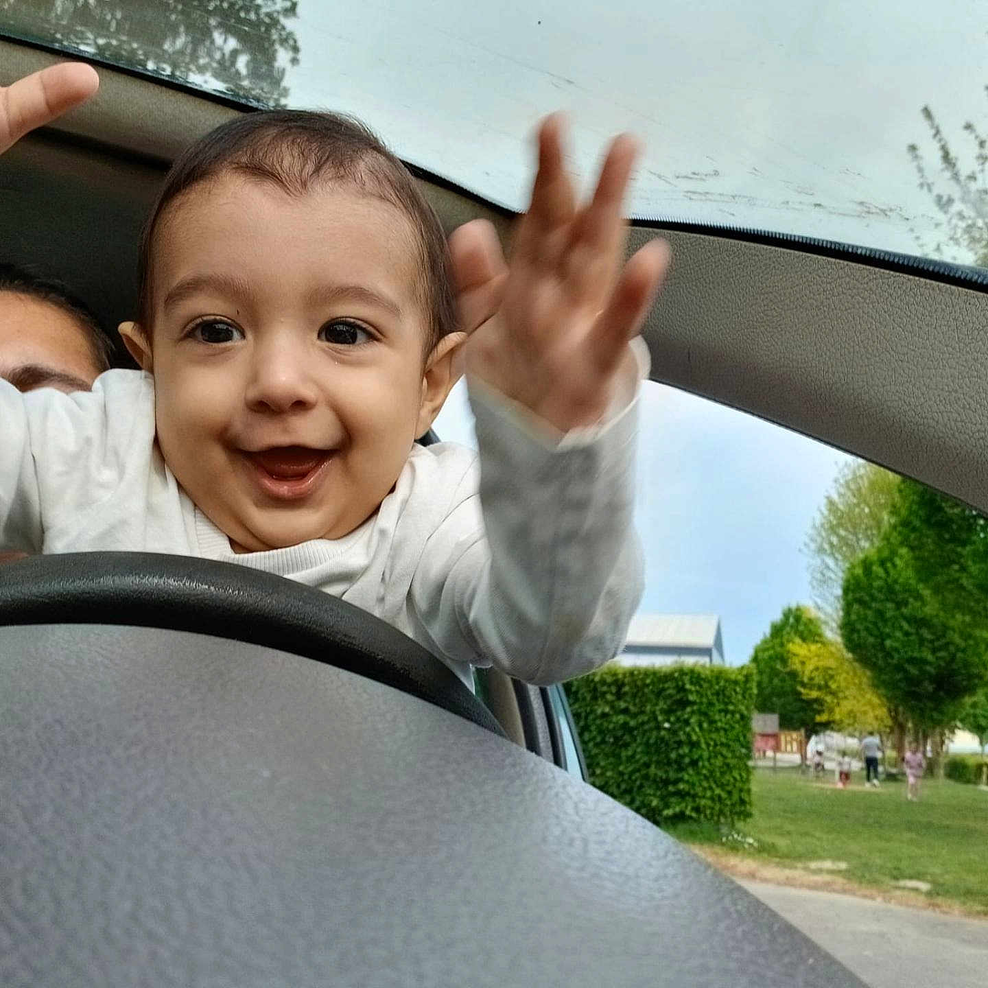 Theodor participe au concours pour gagner de l'argent avec cette photo : baby, child, car, steering_wheel, hand, smile, face, window, outdoor, trees, grass, person, joyful, park, daylight, clothing, happy, nature, transport, vehicle