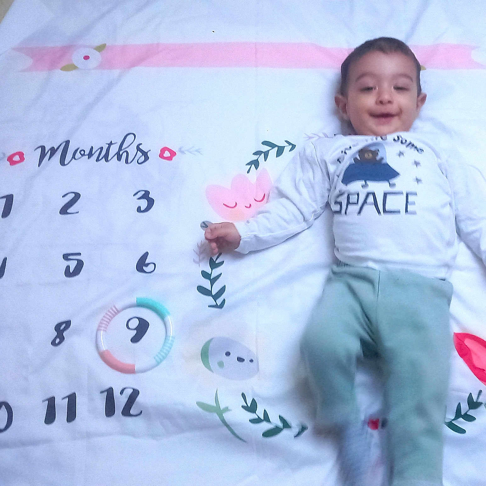 Theodor participe au concours pour gagner de l'argent avec cette photo : baby, child, infant, milestone_blanket, months, numbers, ring_marker, floral_pattern, space_theme, shirt, pants, lying_down, smiling, happy, indoors, blanket, cute, young_child, portrait, person