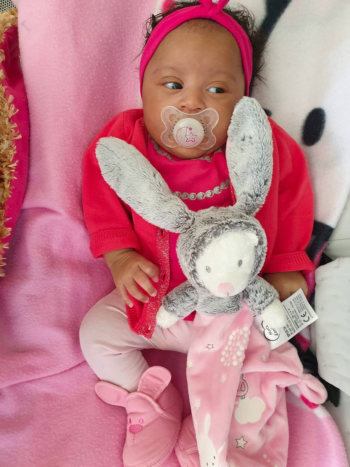 Djénéba participe au concours pour gagner de l'argent avec cette photo : baby, baby_products, cheek, child, magenta, person, pink, smile, stuffed_toy, toddler, toy