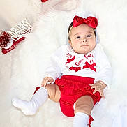 Abby is registered to the contest to win money with this photo: baby, infant, red_bow, white_socks, christmas_outfit, festive, holiday, cute, smiling, soft_texture, fluffy_background, decoration, red_skirt, white_top, indoor, portrait, child, christmas_decor, holiday_theme, cozy