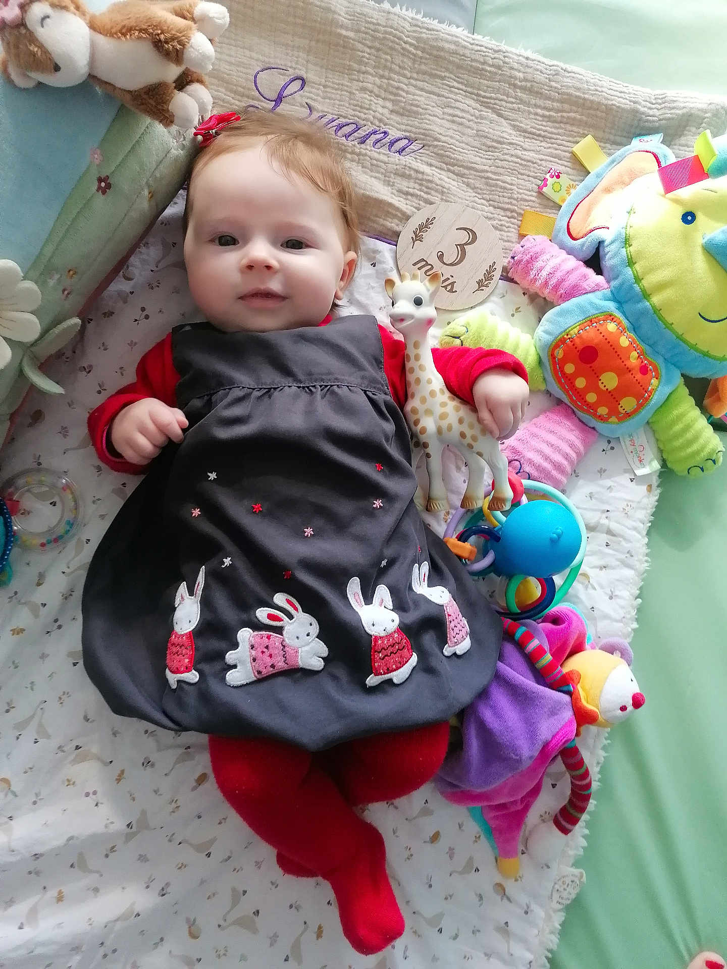 Lyana participe au concours pour gagner de l'argent avec cette photo : baby, infant, child, dress, red_tights, toys, giraffe_toy, plush_toy, blanket, milestone_marker, smile, red_bow, cute, lying_down, indoors, colorful, soft_texture, playtime, young_child, person