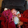 baby, infant, child, sleepy, sitting, armchair, blanket, red_blanket, pink_blanket, clothing, onesie, portrait, indoor, home, furniture, cozy, relaxed, face, bare_feet, photography