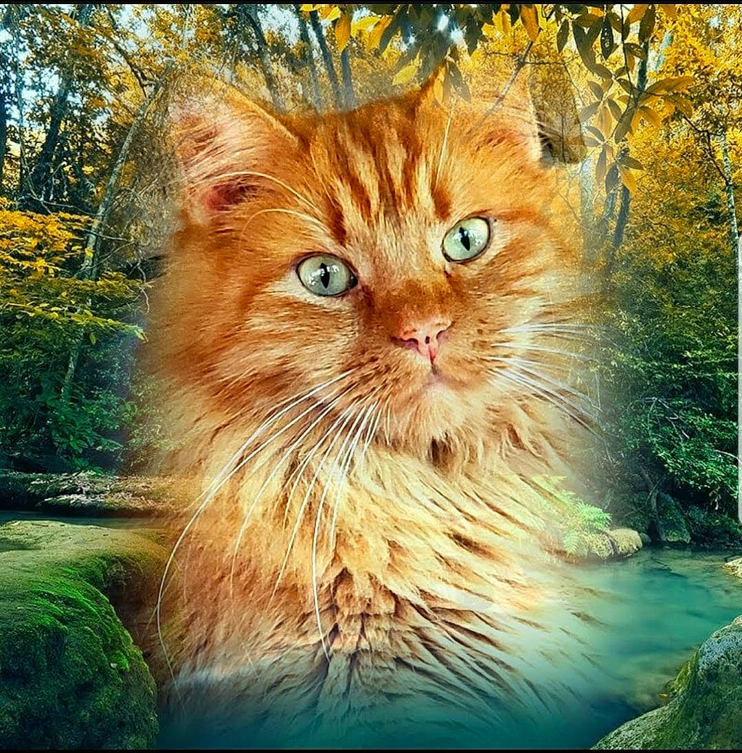 Garfield joined the competition — help win amazing prizes! carnivore, cat, domestic_short_haired_cat, eye, fawn, felidae, fur, grass, hair, head, iris, natural_landscape, plant, small_to_medium_sized_cats, snout, terrestrial_animal, tints_and_shades, tree, whiskers, wood