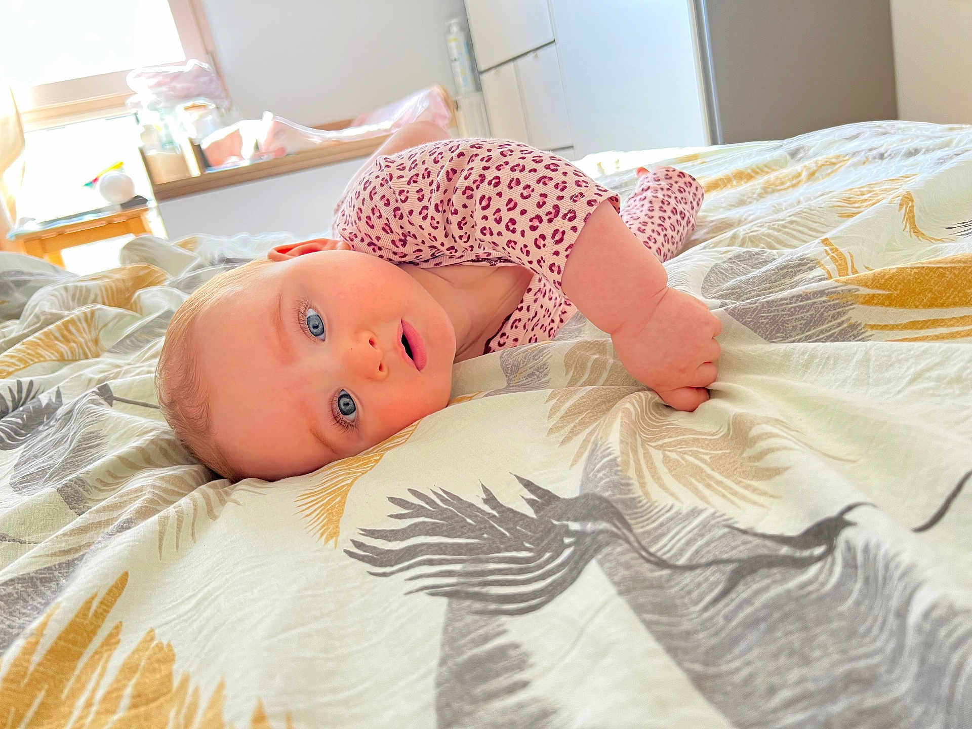 Sophia a rejoint le concours — aidez-le/la à gagner de superbes lots ! baby, infant, tummy_time, blue_eyes, onesie, leopard_print, bed, bedding, blanket, hand, face, portrait, cute, soft_light, sunlight, window, dresser, sheet_pattern, cozy, nursery