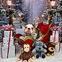 bulldog, dog, plush_toy, monkey_toy, dog_toy, reindeer_toy, gift_box, ribbon, sleigh, snow, winter, christmas, holiday, decorations, street_lamp, tree, festive, indoor, background, fur