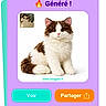screenshot, mobile_app, cat, plush_toy, white_background, button, text_overlay, french_text, interface, digital_screen, animal, pet, fluffy_cat, brown_and_white, generated_image, user_interface, icon, share_button, recommencer_button, voir_button