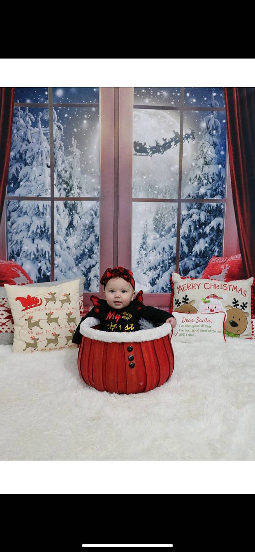 Nova Rose is registered to the contest to win money with this photo: baby, baby_toddler_clothing, christmas, christmas_decoration, christmas_eve, christmas_ornament, curtain, decoration, event, fictional_character, headwear, holiday, holiday_ornament, interior_design, mammal, ornament, person, snow, toddler, tree