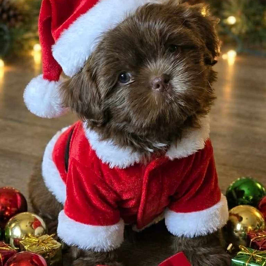 Cooper joined the competition — help win amazing prizes! bone, brown_fur, celebration, christmas, cute, decorations, dog, festive, gifts, holiday, lights, ornaments, pet, pine_cones, puppy, red_bow, santa_hat, santa_suit, seasonal, wooden_floor