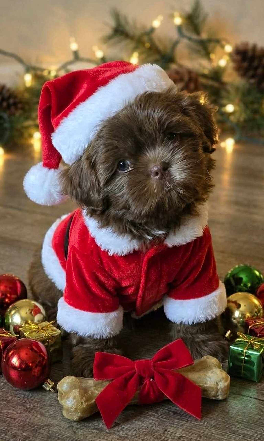 Cooper joined the competition — help win amazing prizes! puppy, dog, santa_hat, santa_suit, christmas, holiday, festive, bone, red_bow, ornaments, gifts, decorations, brown_fur, cute, pet, wooden_floor, lights, pine_cones, seasonal, celebration