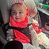 Aitana joined the competition — help win amazing prizes! baby, car_seat, child, pink_scarf, headband, toy, bunny, sunlight, window, car_interior, seatbelt, clothing, happy, smile, infant, sitting, cute, portrait, child_safety, travel