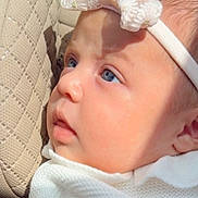 Aitana is registered to the contest to win money with this photo: baby, close_up, face, blue_eyes, headband, bow, infant, curious, skin, texture, cushion, beige, portrait, soft_light, newborn, clothing, white, side_view, child, indoors