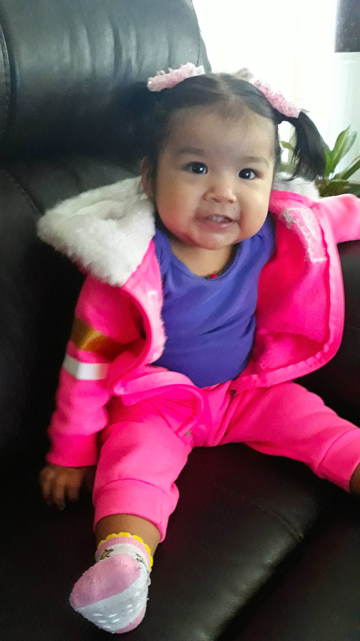 Esperanza joined the competition — help win amazing prizes! beauty, cheek, child, cool, day, eye, fun, girl, infant, leg, person, pink, play, product, purple, sitting, skin, smile, standing, textile