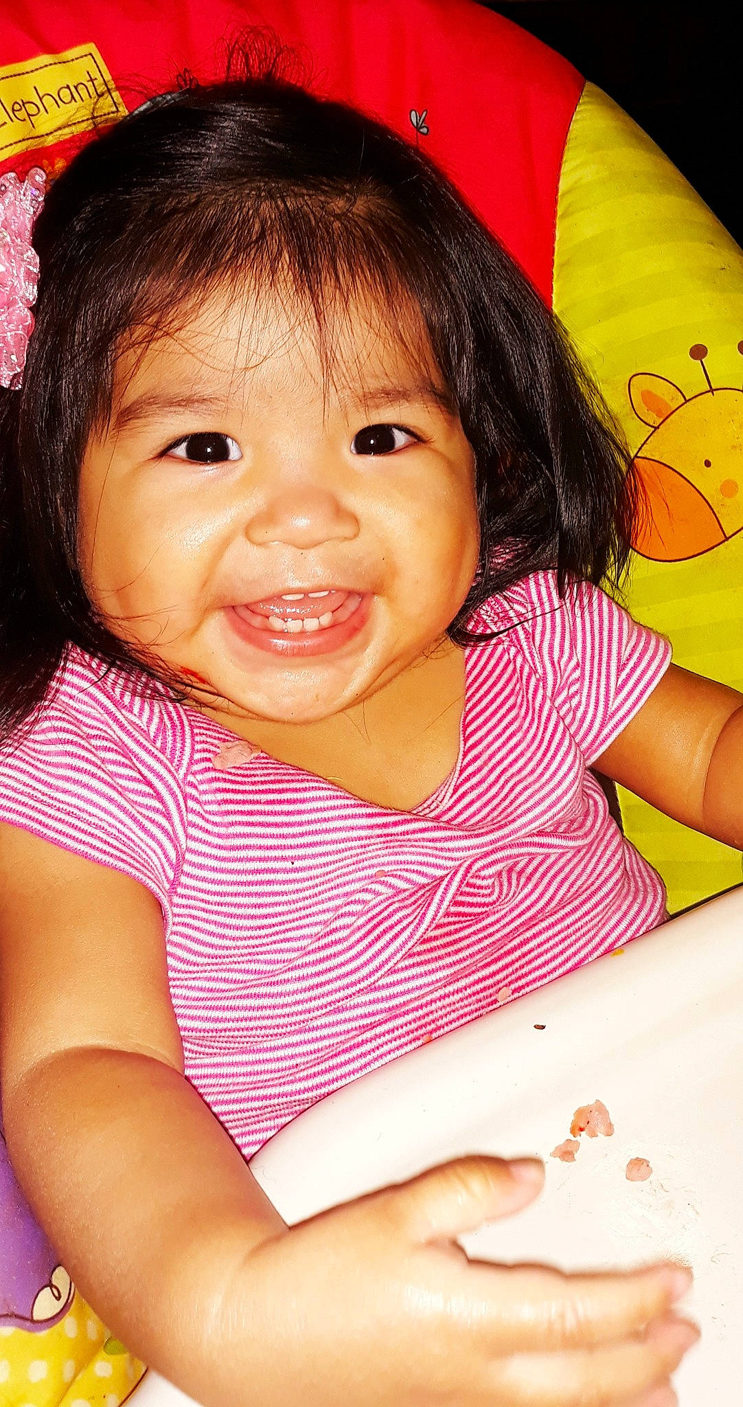 Esperanza joined the competition — help win amazing prizes! beauty, black_hair, cheek, child, child_model, eye, face, facial_expression, fun, girl, happiness, head, infant, joy, laughter, person, pink, sitting, skin, smile