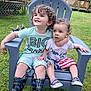 Joseph is registered to the contest to win money with this photo: child, children, smiling, curly_hair, blue_chair, rain_boots, shorts, sneakers, outdoor, grass, backyard, deck, wooden_deck, greenery, summer, happy, sitting, protective, siblings, casual_clothing