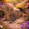 animal, cat, closeup, colorful, daylight, feline, flora, flower, garden, greenery, nature, outdoor, pathway, peaceful, pet, relaxing, summer, sunlight, tabby_cat, wildflower