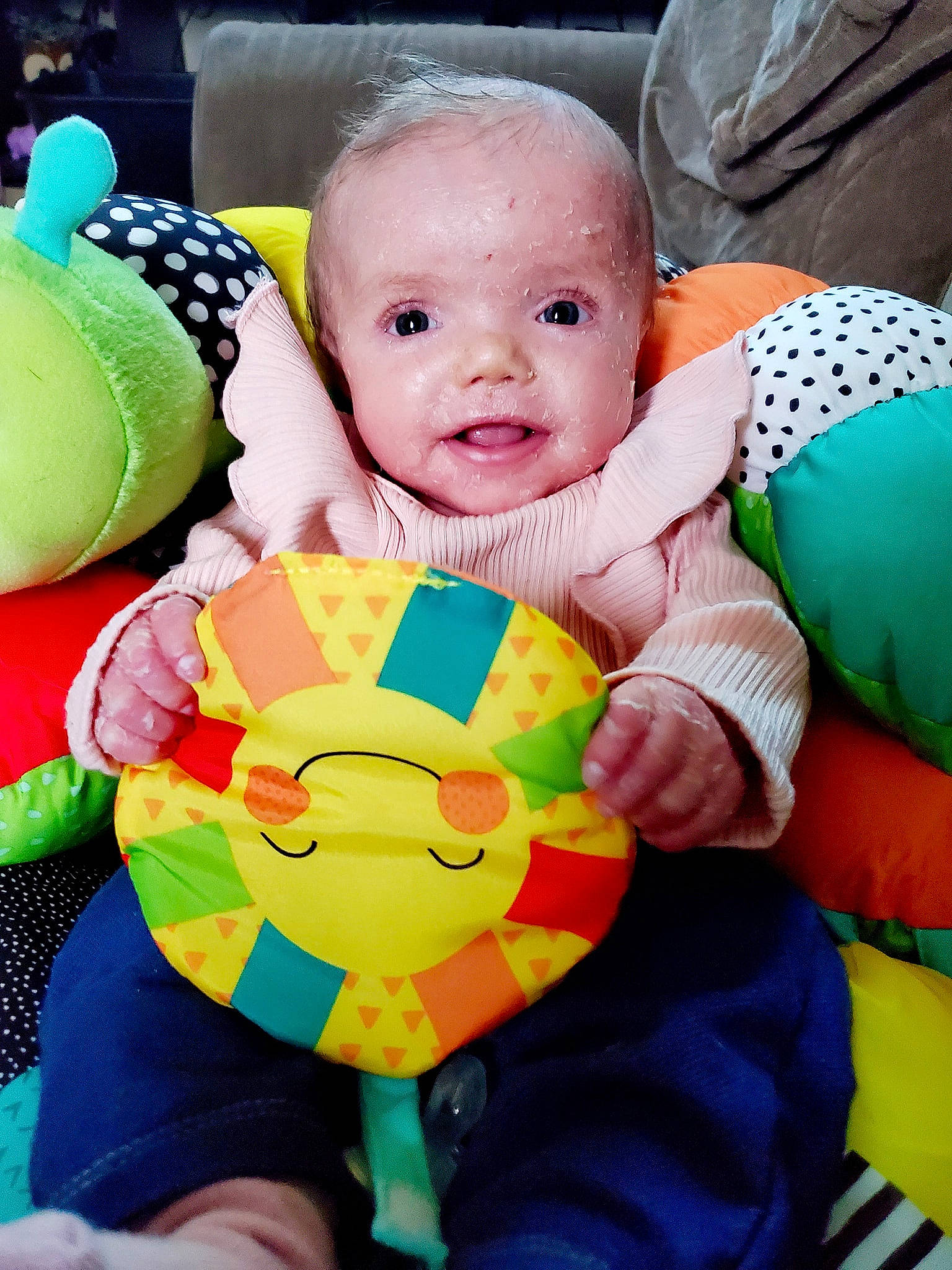 October joined the competition — help win amazing prizes! baby, baby_playing_with_toys, baby_products, baby_toddler_clothing, blue, child, fun, grass, green, happy, leisure, person, play, playing_with_kids, sitting, smile, stuffed_toy, t_shirt, textile, toddler