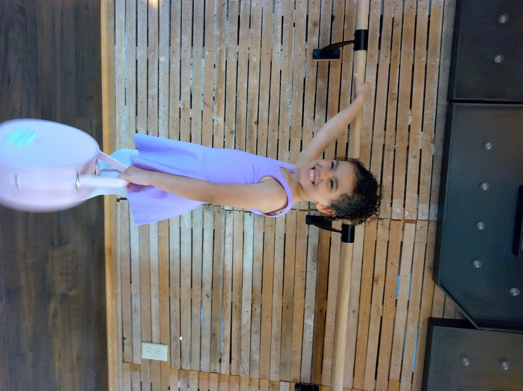 Harper joined the competition — help win amazing prizes! balance, ceiling, door, elbow, electric_blue, flooring, hardwood, home_door, human_leg, joy, knee, person, room, shorts, thigh, waist, wood, wood_stain