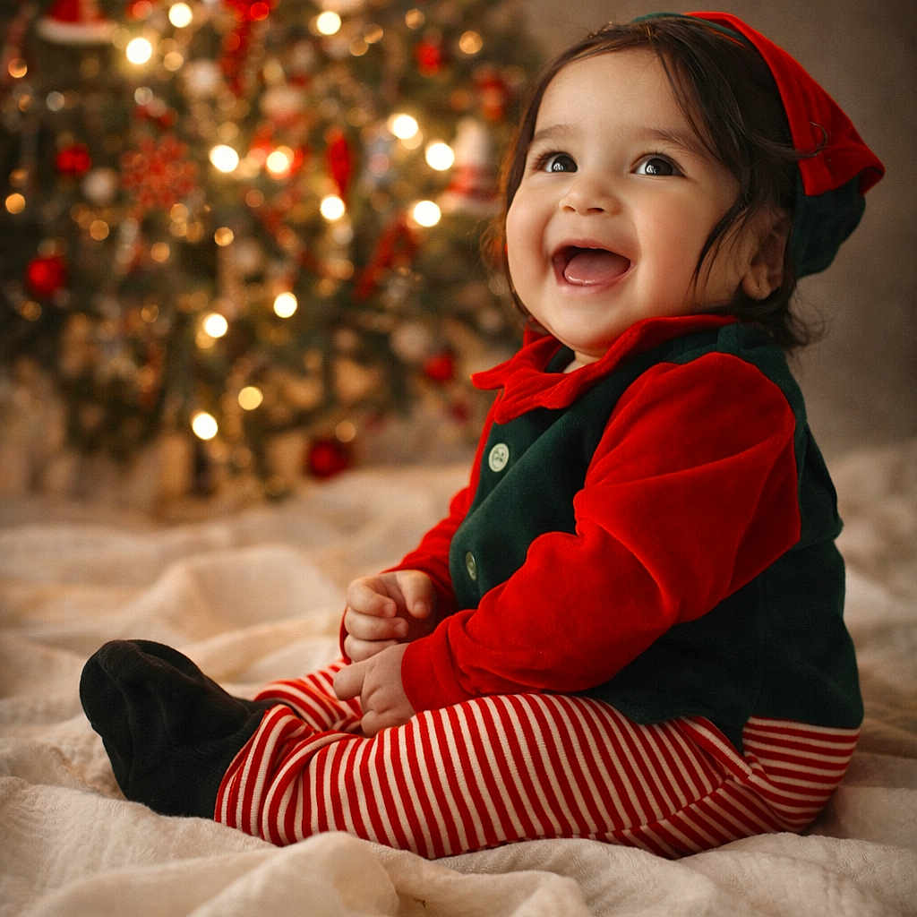 Vaayu joined the competition — help win amazing prizes! blanket, celebration, child, christmas_tree, cute, festive_clothing, green_clothing, happy, holiday, holiday_decor, indoors, lights, ornaments, portrait, red_clothing, seasonal, sitting, smiling, striped_pants, toddler