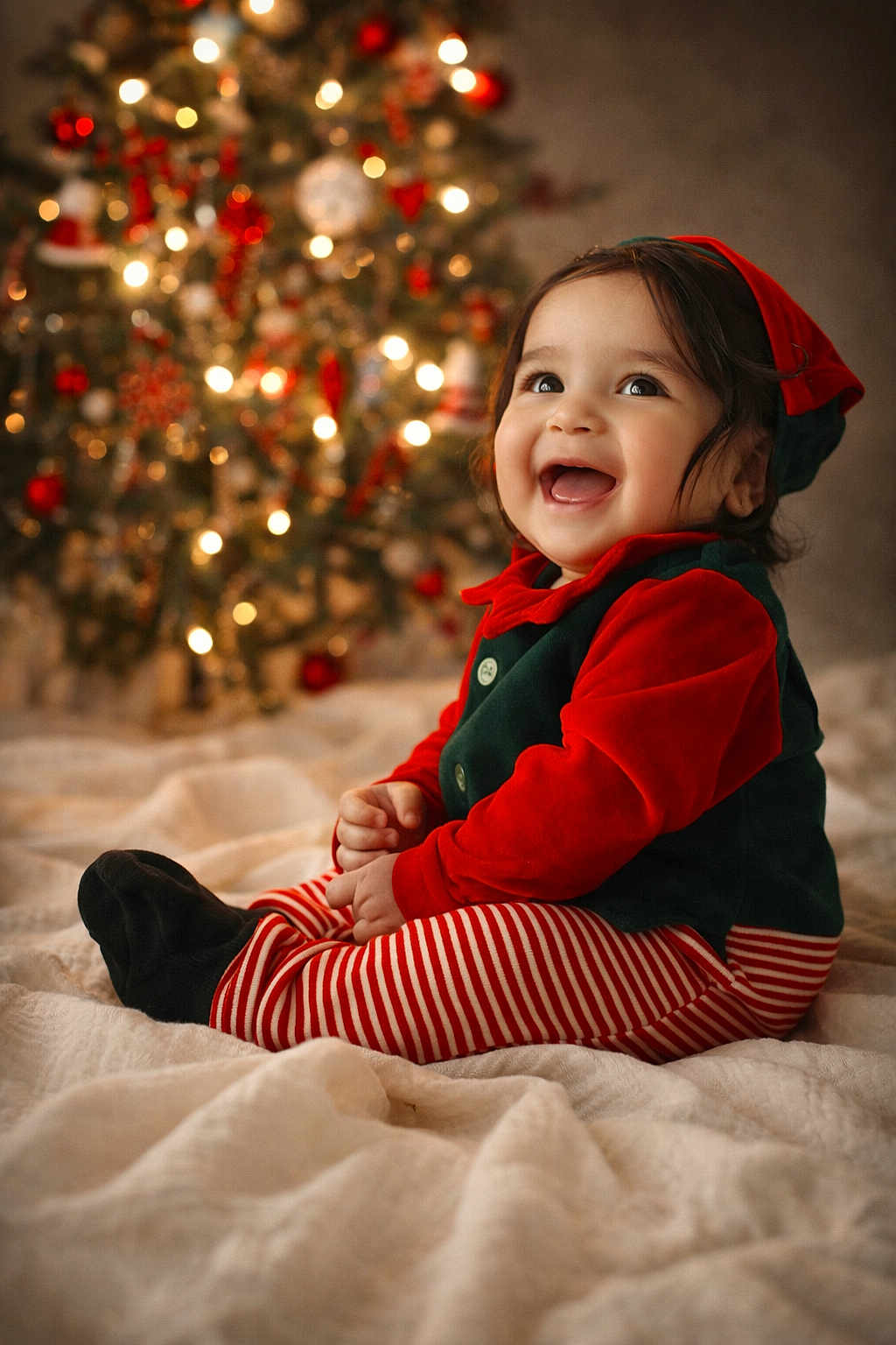 Vaayu joined the competition — help win amazing prizes! toddler, child, smiling, christmas_tree, holiday, festive_clothing, red_clothing, green_clothing, striped_pants, sitting, indoors, happy, cute, holiday_decor, ornaments, lights, blanket, portrait, celebration, seasonal