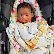 Jones Lopez joined the competition — help win amazing prizes! baby, infant, sleeping, car_seat, blanket, pacifier, winnie_the_pooh, buckle, harness_strap, floral_pattern, cozy, newborn, closed_eyes, peaceful, head, hair, car_interior, soft_texture, portrait, baby_blanket