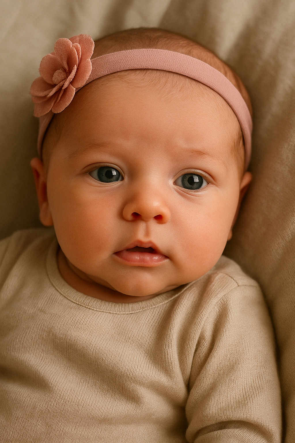 Lou participe au concours pour gagner de l'argent avec cette photo : baby, infant, headband, flower, face, eyes, skin, clothing, portrait, closeup, cute, child, soft_lighting, neutral_colors, expression, newborn, person, indoors, warm, young