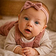 Lou participe au concours pour gagner de l'argent avec cette photo : baby, infant, headband, pink_bow, curious_eyes, close_up, soft_blanket, cute, child, portrait, indoors, warm_colors, hands, face, expression, newborn, clothing, overalls, baby_girl, lying_down