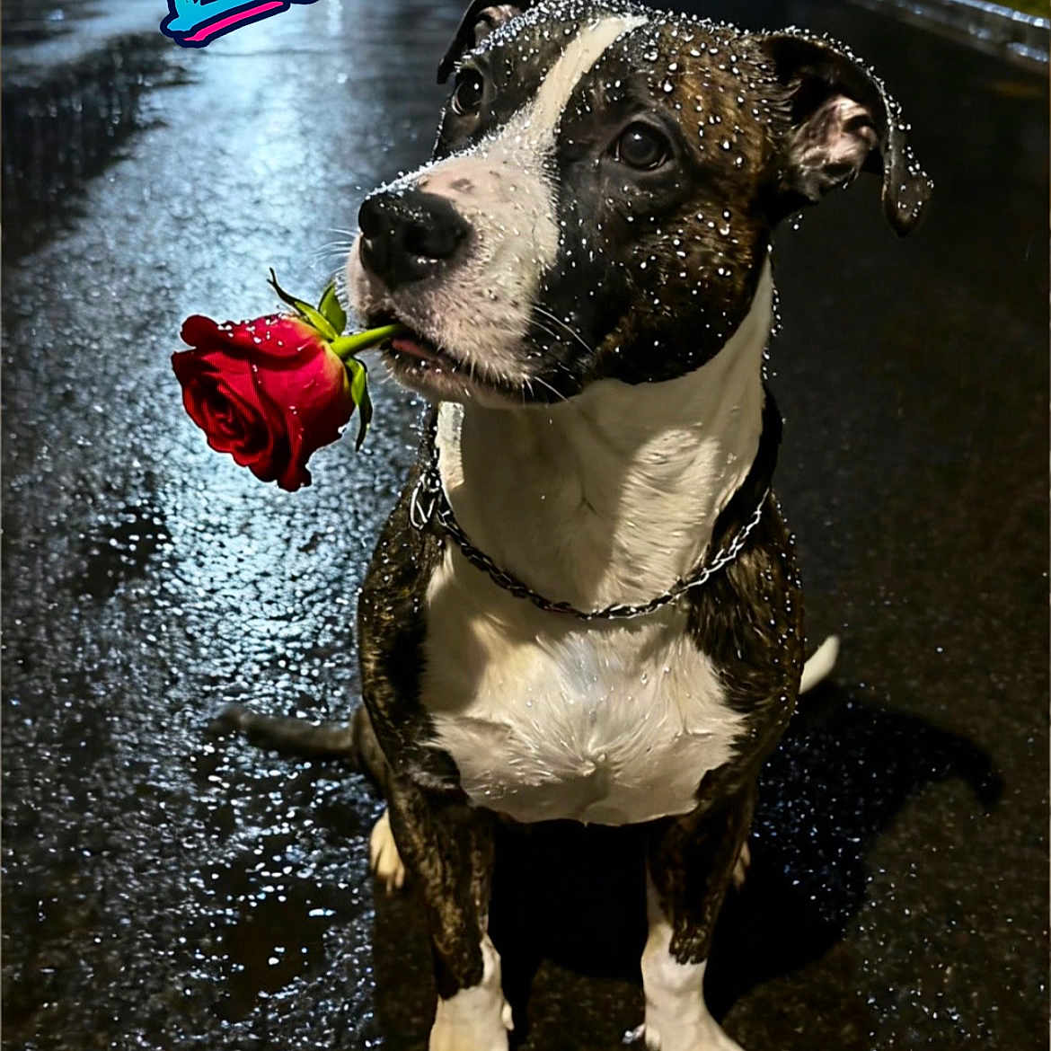 Leo Perez joined the competition — help win amazing prizes! dog, rose, rain, night, wet_street, animal, pet, black_and_white, chain_collar, closeup, portrait, outdoor, reflection, cute, flower, raindrops, street_lighting, sitting, romantic, text_overlay