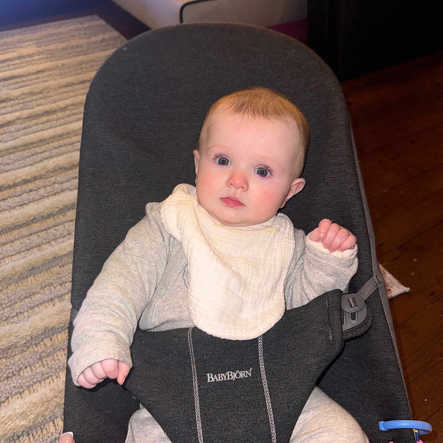 Deksy is registered to the contest to win money with this photo: baby, babybjorn, bib, blue, bouncer, carpet, child, clothing, curious, expression, face, furniture, hand, indoor, infant, person, pink, seated, toy, wood_floor