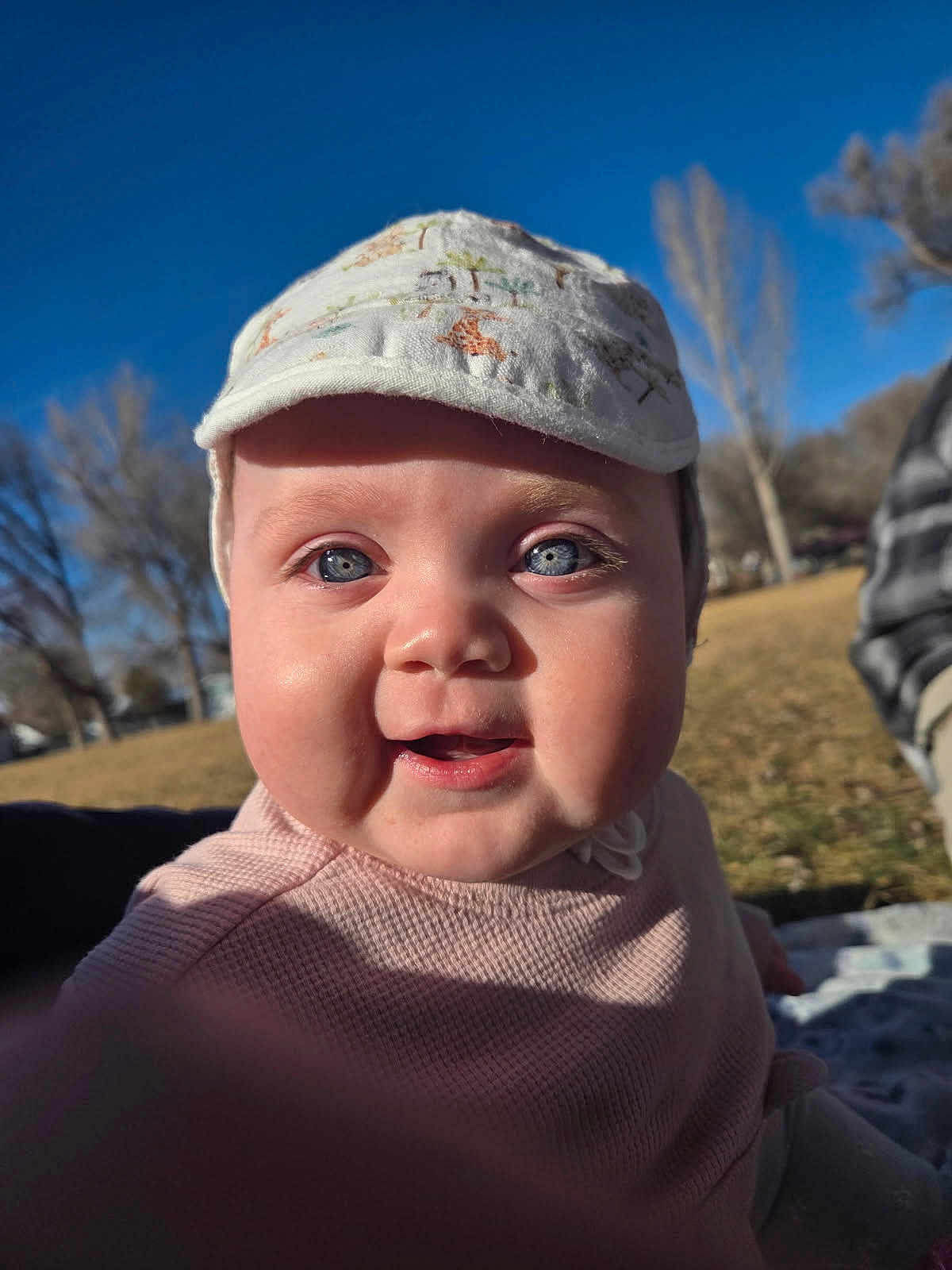 Siryna joined the competition — help win amazing prizes! baby, child, face, blue_eyes, cap, outdoor, park, sunlight, smile, cheeks, infant, clothing, nature, trees, grass, person, portrait, daytime, cute, happy