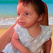 Nalia a rejoint le concours — aidez-le/la à gagner de superbes lots ! baby, beach, calm, child, cute, hand, infant, nature, ocean, outdoor, person, polka_dot, portrait, sand, sea, sitting, sky, small_hands, water, white_clothing