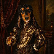 Amaïa a rejoint le concours — aidez-le/la à gagner de superbes lots ! dog, spaniel, portrait, renaissance, aristocrat, costume, historical, royal, courtier, long_hair, black_and_tan, brown_eyes, smiling, standing, sword, velvet, curtains, books, indoor, dramatic_lighting