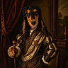 dog, spaniel, portrait, renaissance, aristocrat, costume, historical, royal, courtier, long_hair, black_and_tan, brown_eyes, smiling, standing, sword, velvet, curtains, books, indoor, dramatic_lighting