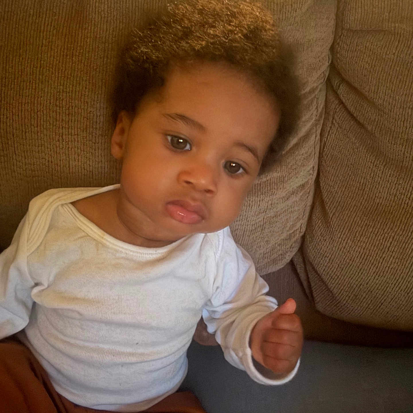 Elijah joined the competition — help win amazing prizes! toddler, child, curly_hair, white_shirt, brown_pants, couch, sofa, indoor, seated, person, face, expression, young_child, casual_clothing, home, furniture, portrait, skin, hand, relaxed