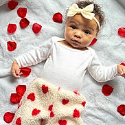 Daylee joined the competition — help win amazing prizes! baby, infant, headband, bow, red_rose_petals, white_blanket, fleece_blanket, red_hearts, laying_down, curious_expression, soft_texture, cute, cozy, portrait, child, indoors, person, closeup, adorable, warm