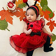 Aurora joined the competition — help win amazing prizes! baby, infant, child, ladybug_costume, red_dress, antennae, headband, autumn_leaves, fall_decor, cupcake, portrait, sitting, indoors, costume, black_tights, bow, smiling, festive, close_up, photography