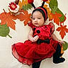baby, infant, child, ladybug_costume, red_dress, antennae, headband, autumn_leaves, fall_decor, cupcake, portrait, sitting, indoors, costume, black_tights, bow, smiling, festive, close_up, photography