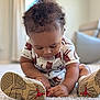 Kai joined the competition — help win amazing prizes! baby, infant, child, sitting, curly_hair, carpet, sneakers, shoe, sole, playing, tongue_out, onesie, patterned_clothing, indoor, portrait, cute, hands, close_up, soft_light, shallow_depth_of_field