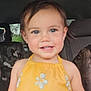 baby, camouflage, car_interior, car_window, child, cute, face, floral_pattern, happy, head_and_shoulders, indoors, person, portrait, seat, seat_cover, short_hair, smiling, toddler, yellow_dress, young_child