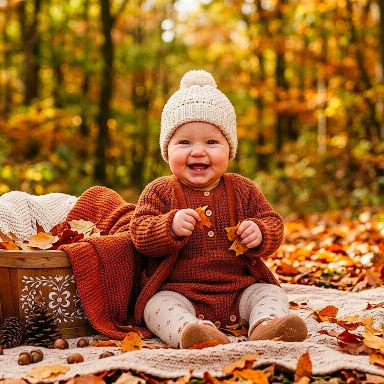 Laz joined the competition — help win amazing prizes! baby, child, autumn, forest, outdoor, knit_hat, sweater, blanket, pumpkin, fallen_leaves, smiling, sitting, portrait, nature, woodland, fall_colors, basket, cozy, infant, photography
