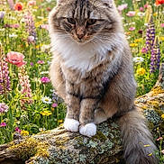 Chipie a rejoint le concours — aidez-le/la à gagner de superbes lots ! animal, cat, dappled_light, fluffy, forest, garden, log, meadow, moss, nature, outdoors, pet, portrait, sitting, sunlight, tabby_cat, tail, tree, whiskers, wildflowers
