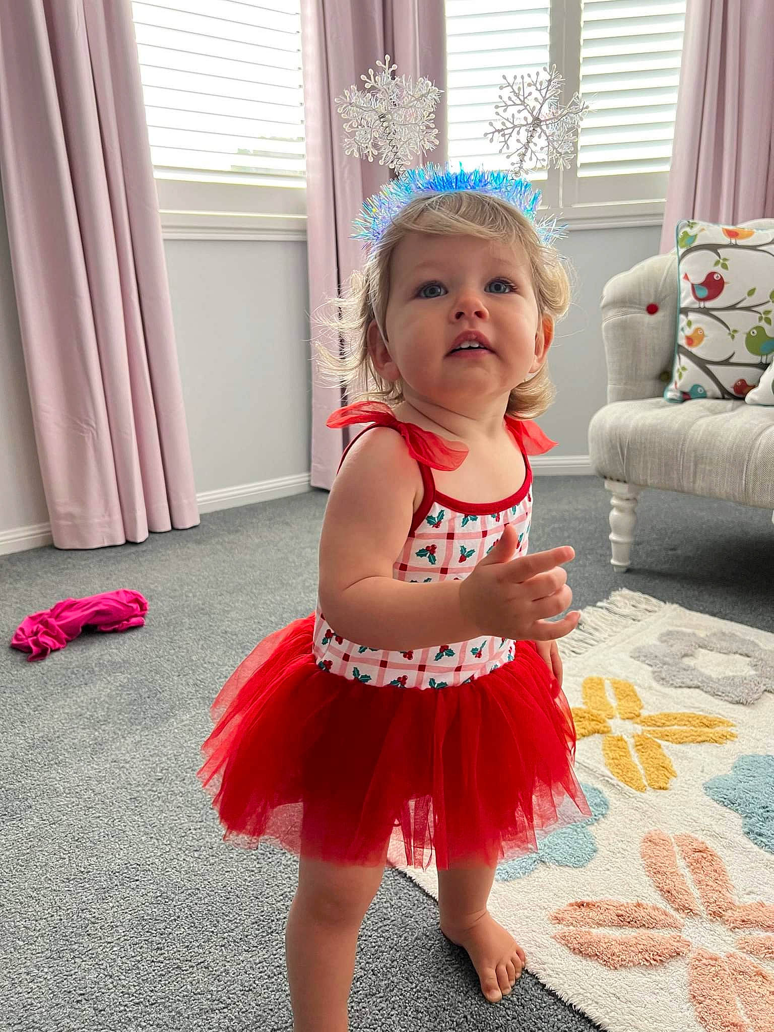 Leah joined the competition — help win amazing prizes! baby, baby_toddler_clothing, child, curtain, day_dress, event, flooring, fun, hairstyle, happy, human_leg, magenta, pattern, person, pink, sitting, skin, smile, toddler, window