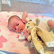 Alexis joined the competition — help win amazing prizes! baby, infant, crib, mesh, blanket, teddy_bear, toy, pink, butterfly_pattern, mattress, soft_toy, hand, face, cute, child, newborn, resting, indoors, sleeping_area, person